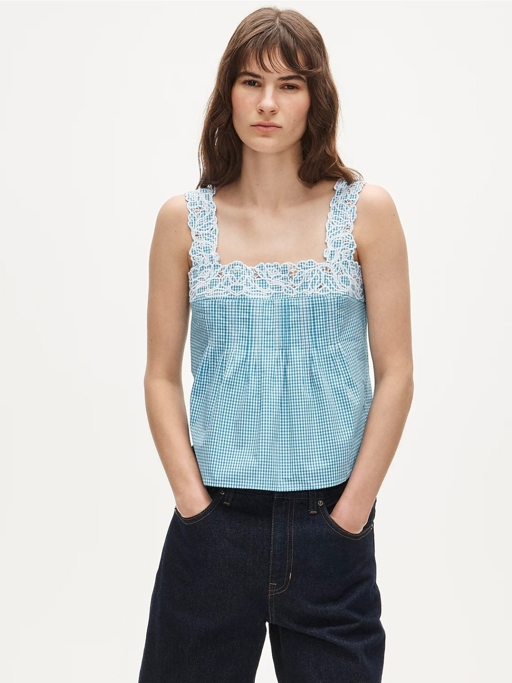 J. Crew Light Blue Gingham Lace-Trim Square-Neck Tank Size XXS NEW